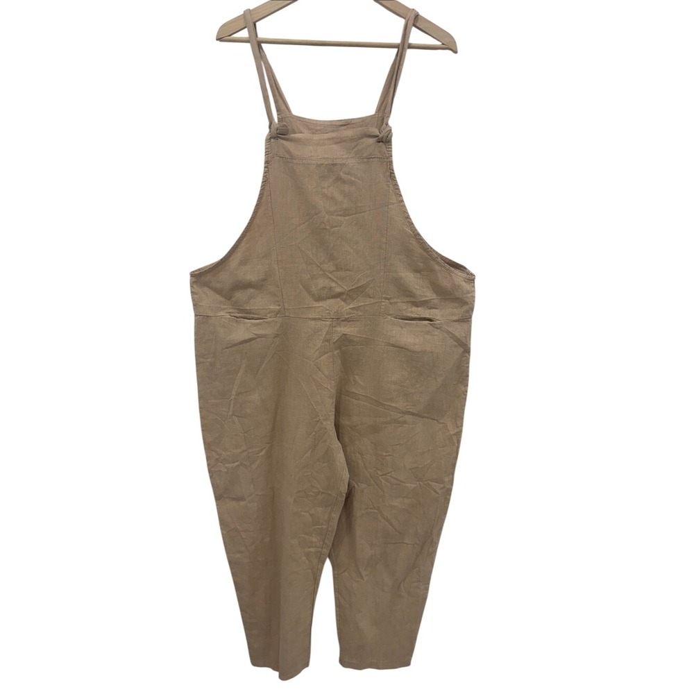 Vintage Made in Italy Linen Overalls Tan Beige Wide Leg Adjustable Straps